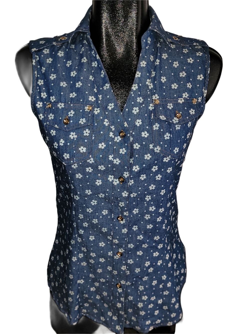 Papillon Light Denim Sleeveless Button-Up Shirt with White Floral Print Size S